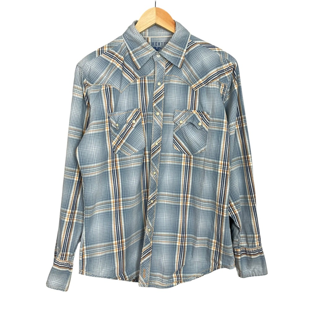 Western Shirt Button-Up Pearl Snaps Men Size Large Blue Plaid Cotton Long Sleeve